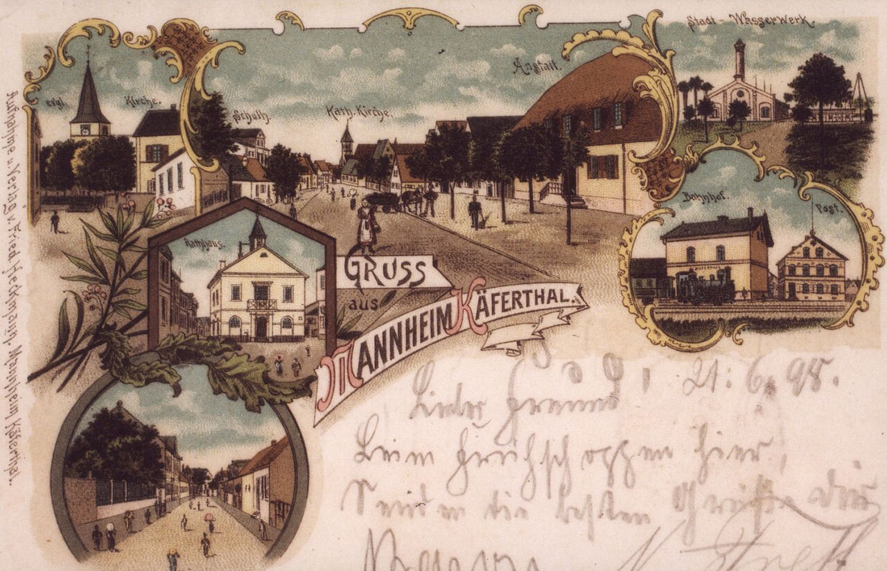 Historische Ansichtskarte mit mehreren Motiven aus Mannheim-Käferthal