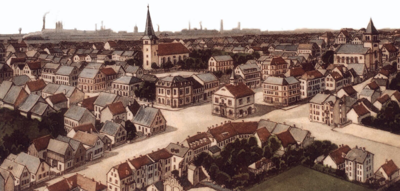Historische Ortsansicht von Käfertal mit Kirche, Rathaus und dichter Bebauung